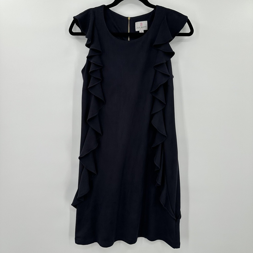 Julie Brown NYC Navy Blue Faux Suede Ruffle Shift Dress Petite P Sleeveless Mini
